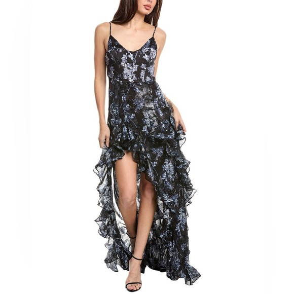 CINQ A SEPT Coastal Floral Glenda Cascading Ruffle Lurex Metallic Dress 12 NWT - Picture 1 of 16